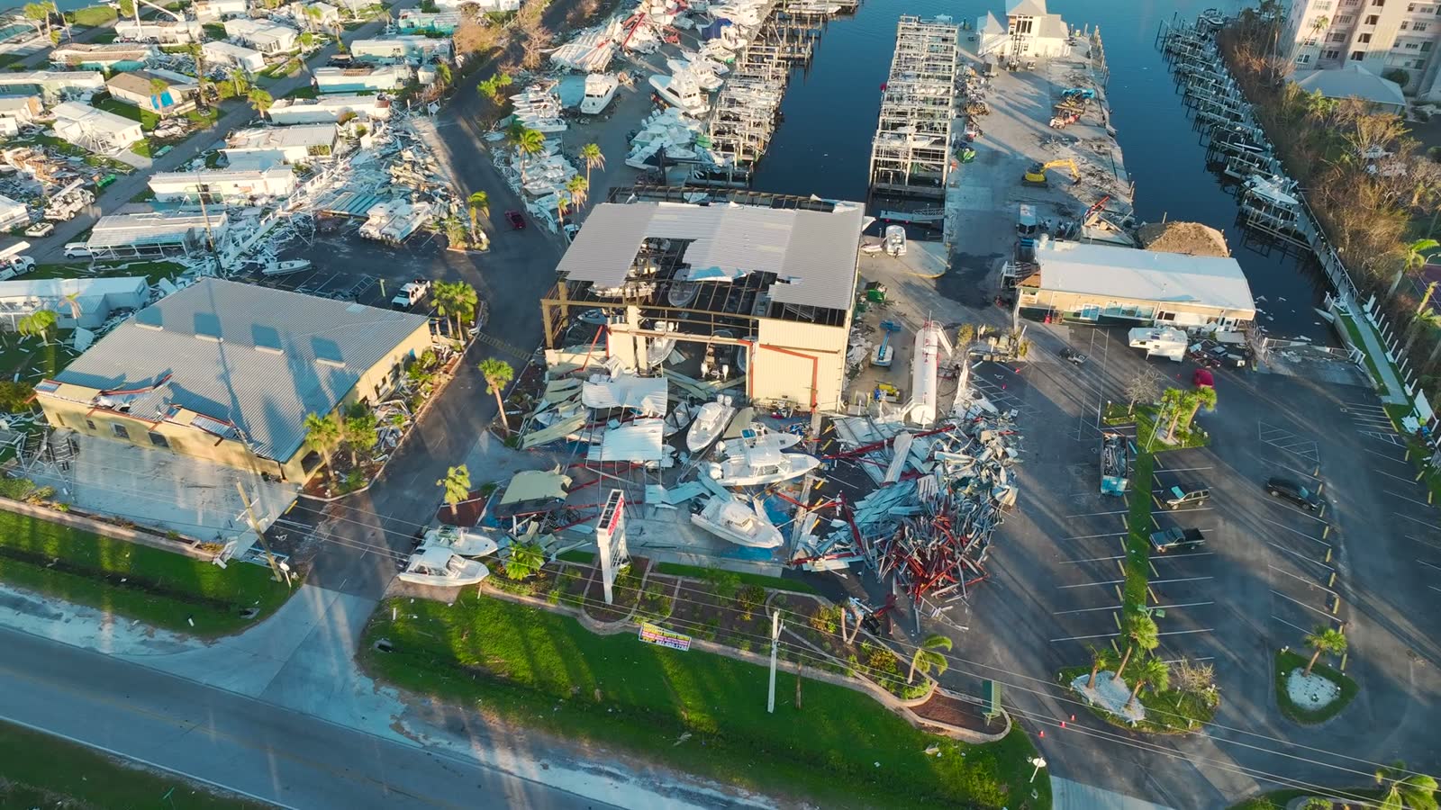 Boats piled and destroyed in a Florida boatyard after Hurricane Ian