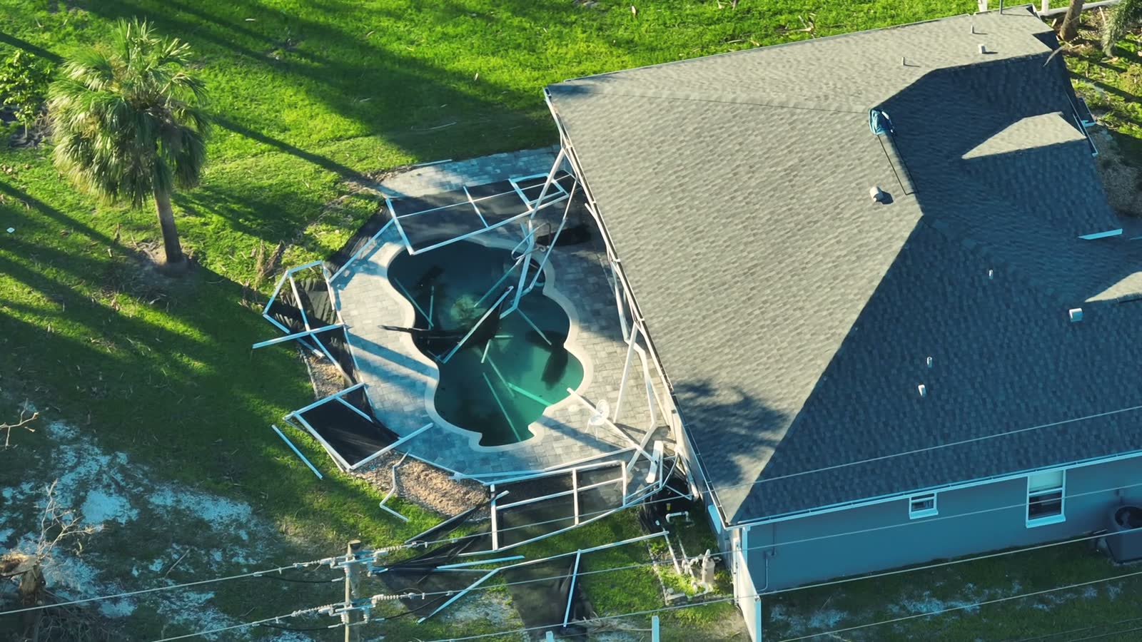 A house roof stripped of shingles by hurricane-force wind, the damage behind a denied Palm Beach, FL wind damage insurance claim