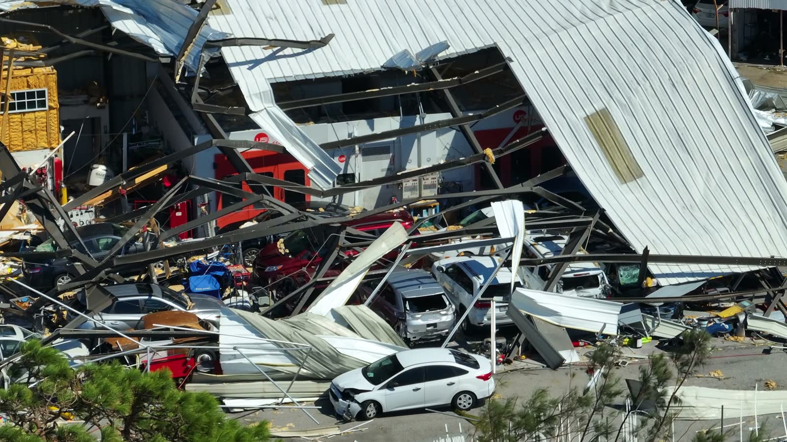 A commercial building destroyed by Hurricane Ian in Florida, the restoration work contractors are called into after a storm