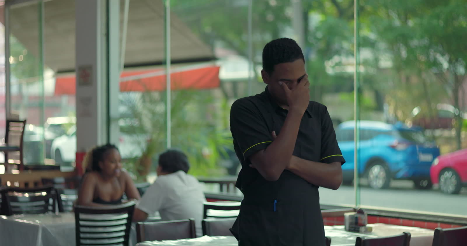 restaurant-property-claim-worker-standing-hand-eyes.mp4