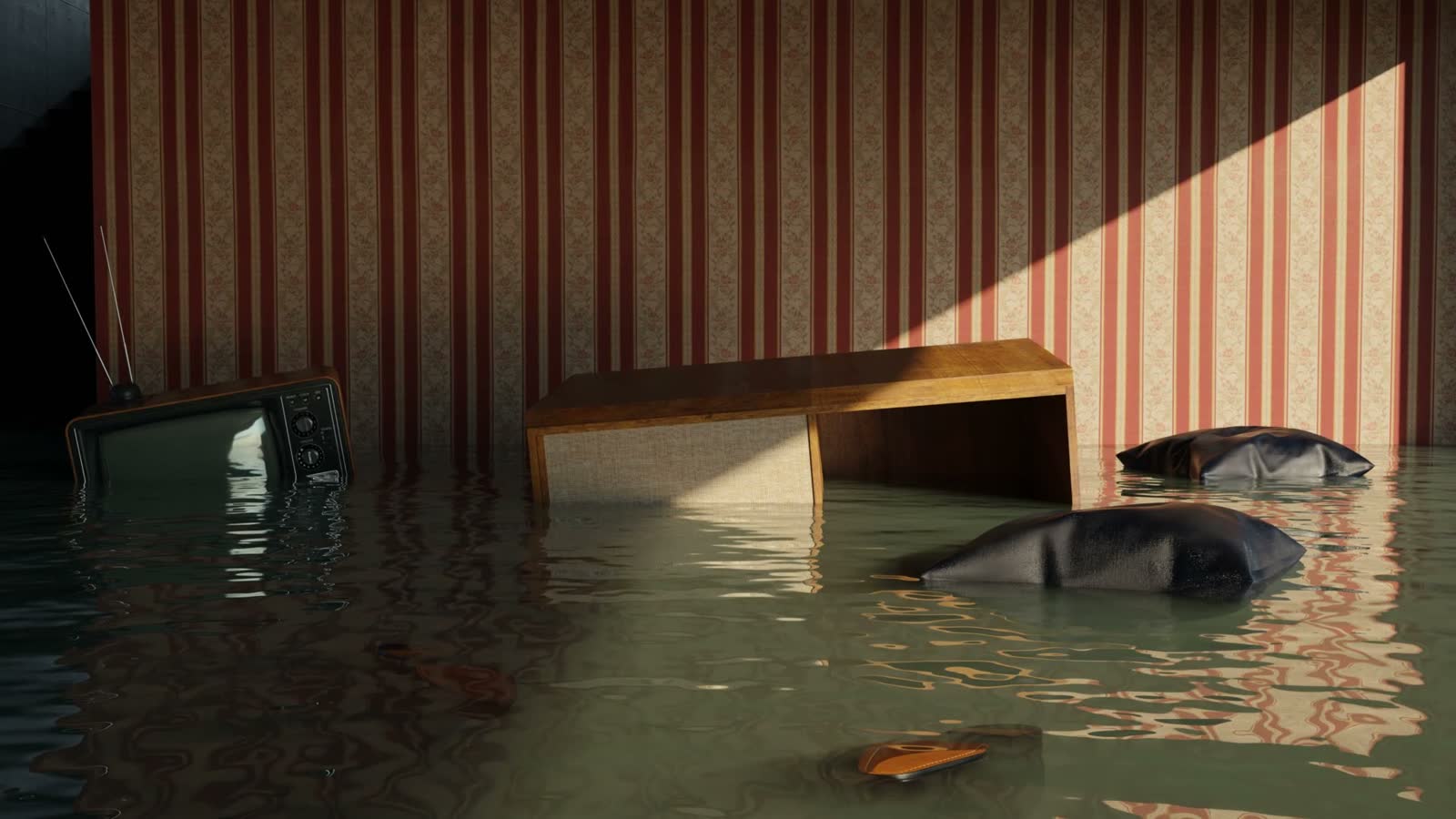 Flooded room interior with furniture submerged in standing water