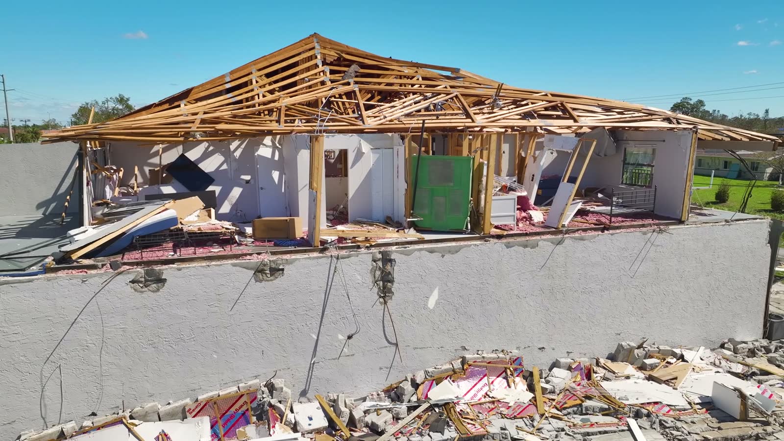 A house roof stripped of shingles by hurricane-force wind, the damage behind a denied Ocala, FL wind damage insurance claim