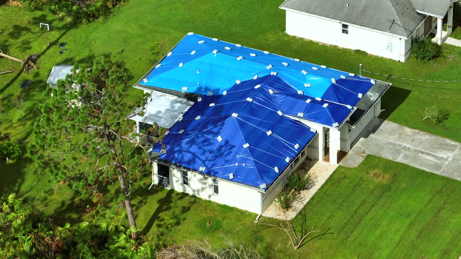 Aerial view of a storm-damaged roof under a blue tarp, the open claim a public adjuster brings to an attorney
