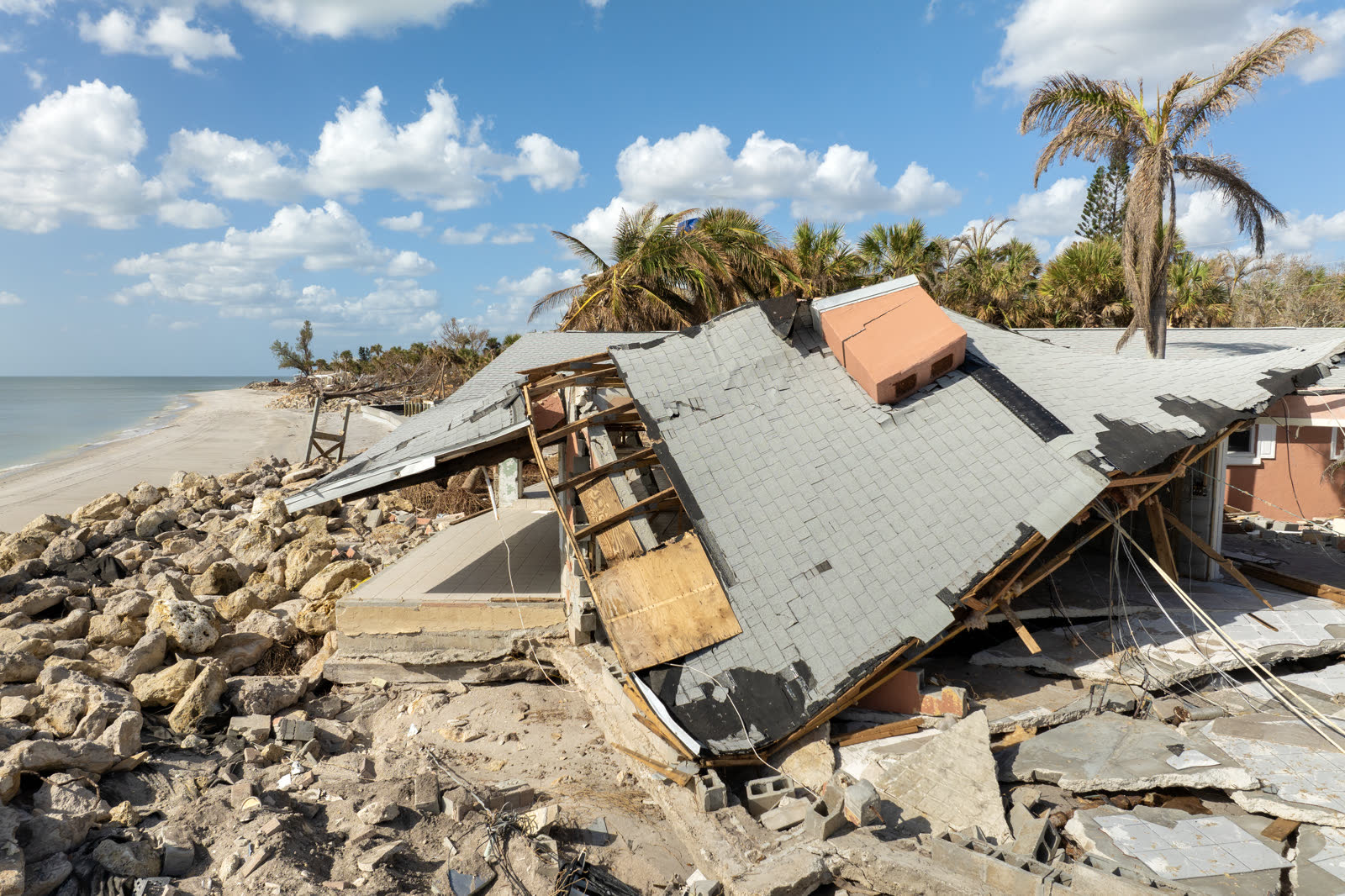 Hurricane damage to homes seen from the air