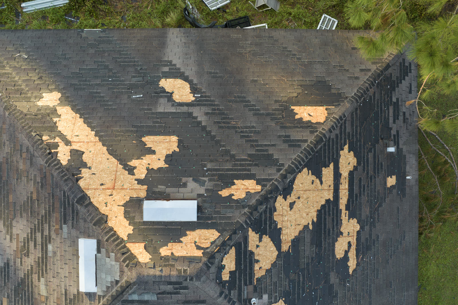 A storm-damaged roof