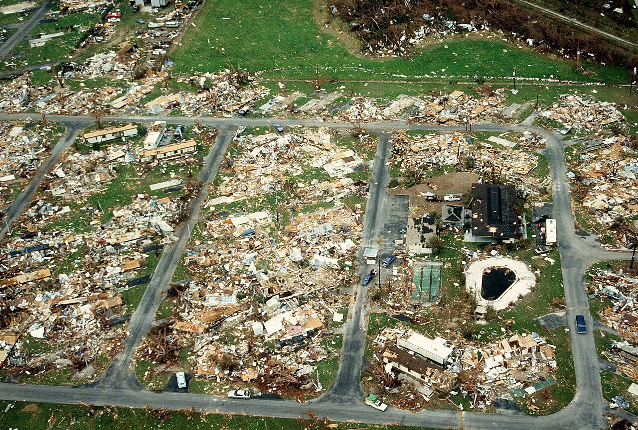 DoD aerial survey of a flattened neighborhood in the Homestead area, block after block reduced to debris fields