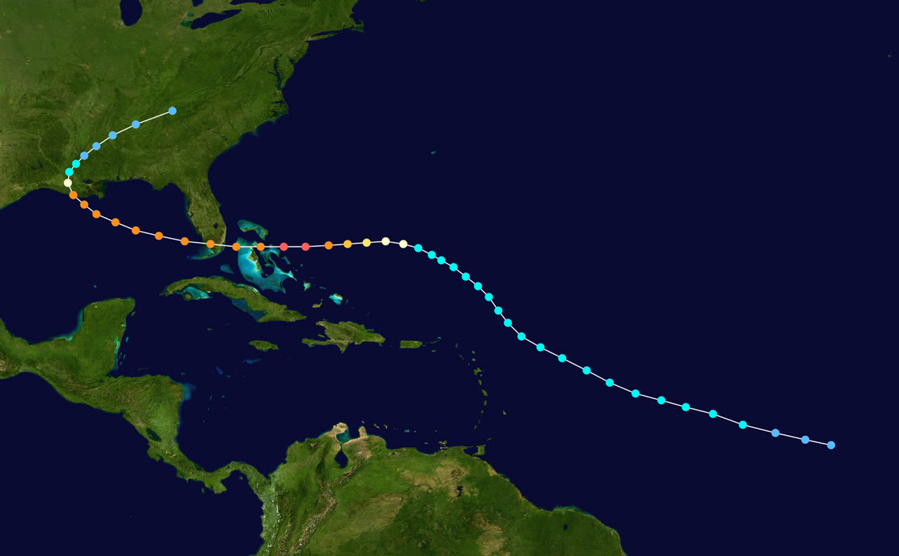 Best track of Hurricane Andrew, August 16-28, 1992, Bahamas, South Florida, and Louisiana landfalls