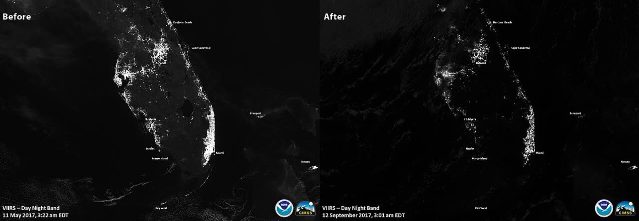 Florida's night lights before and after Irma, outages peaked near two-thirds of the state