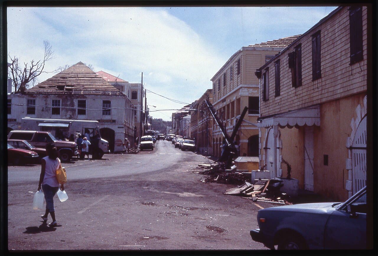 Damage in Christiansted, St. Croix, roughly 90 percent of the island's buildings were damaged or destroyed
