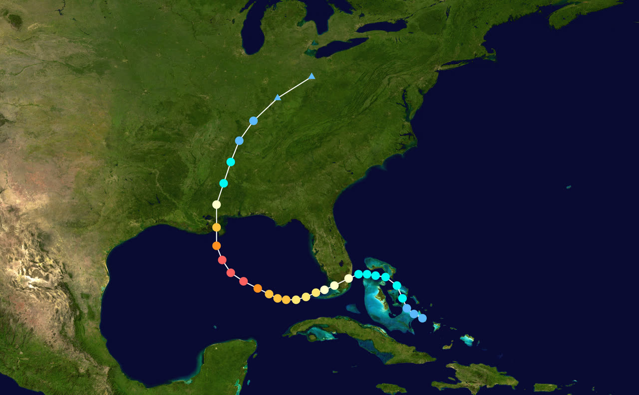 Best track of Hurricane Katrina, August 23-31, 2005, the Florida Category 1 landfall, Gulf Category 5 peak, and Buras landfall