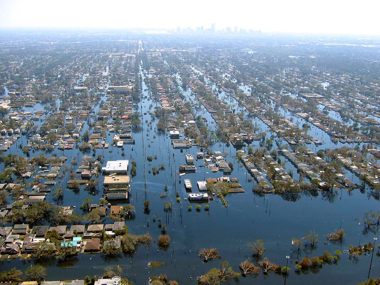 Flooded New Orleans from a NOAA helicopter, neighborhoods stood under water for weeks