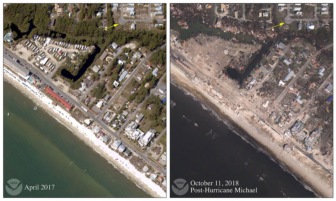 Mexico Beach before and after landfall, aerial survey imagery of the obliterated waterfront