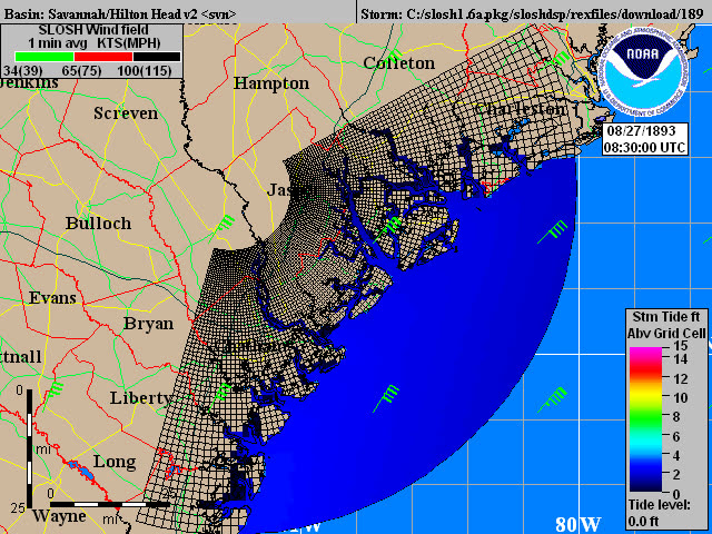 Track and modeled storm surge of the 1893 Sea Islands hurricane