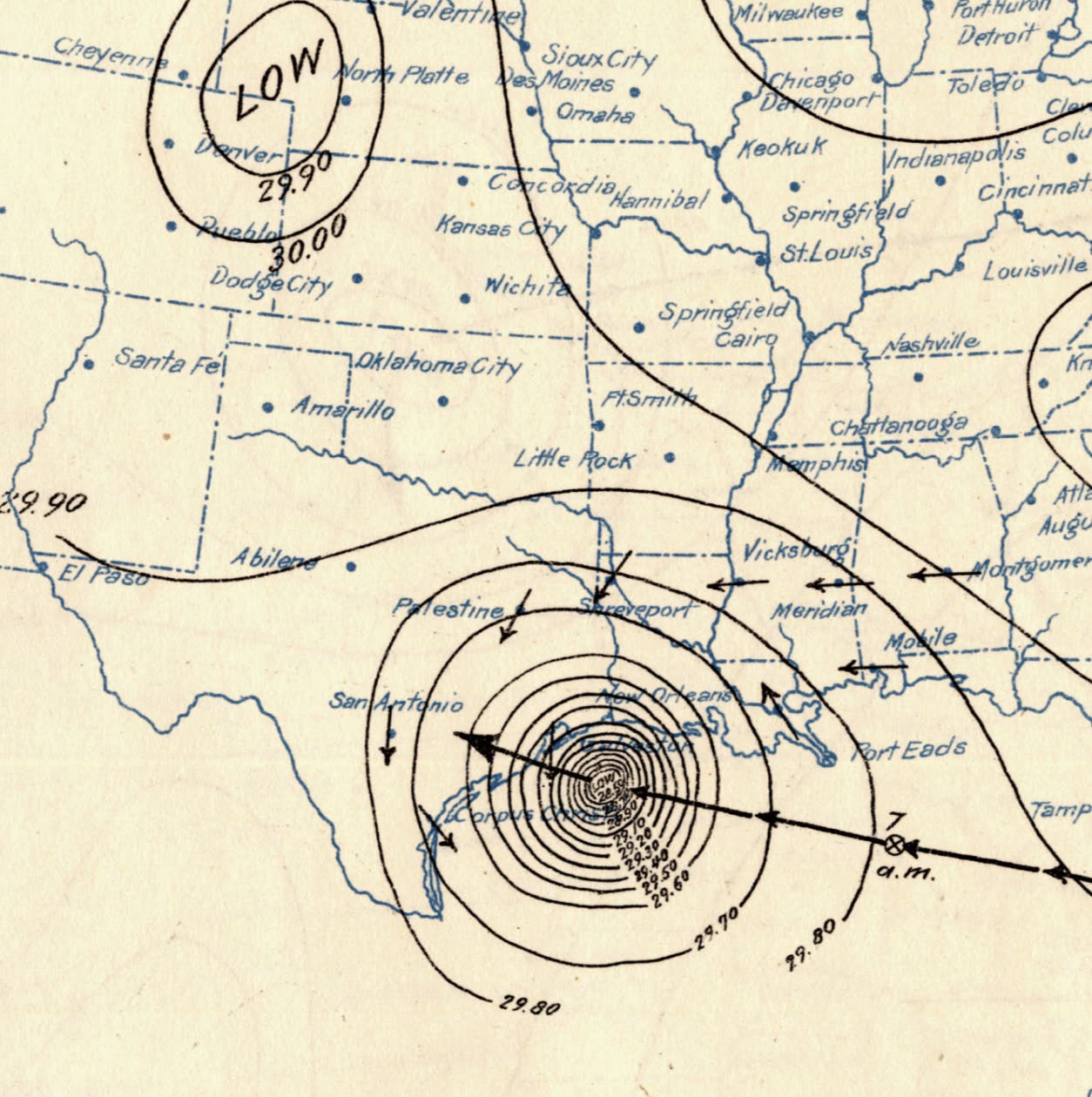 Surface weather map as the hurricane approached the Texas coast, September 1900