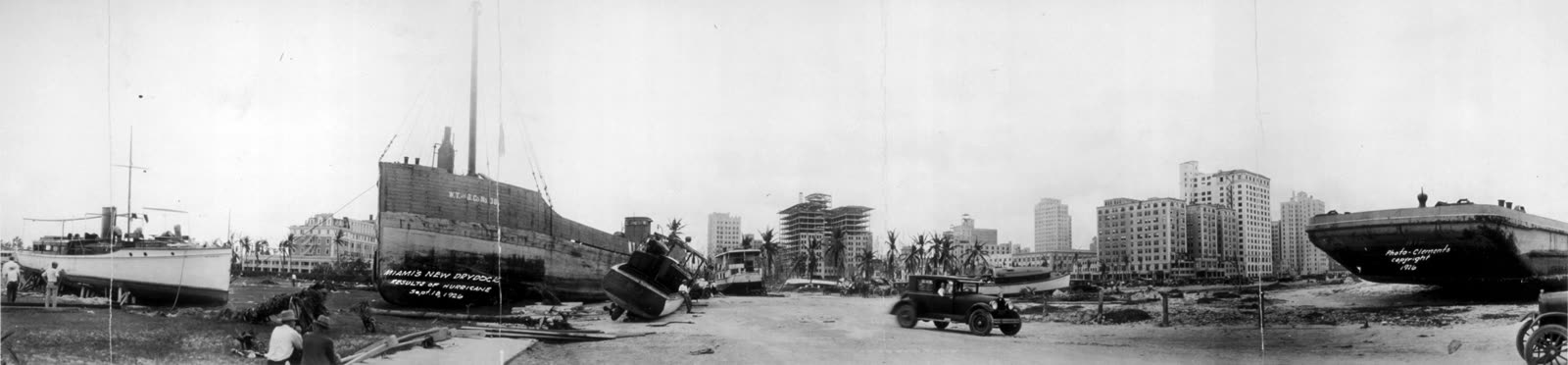 Panorama of wrecked vessels and Miami's drydock after the hurricane
