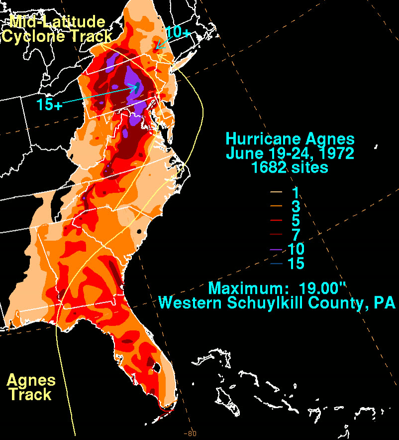 Agnes rainfall totals, up to 19 inches across Pennsylvania and New York on already-saturated ground