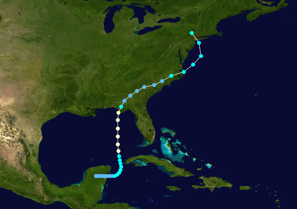 Best track of Hurricane Agnes, June 14-23, 1972, a Category 1 at landfall whose worst work came a thousand miles north
