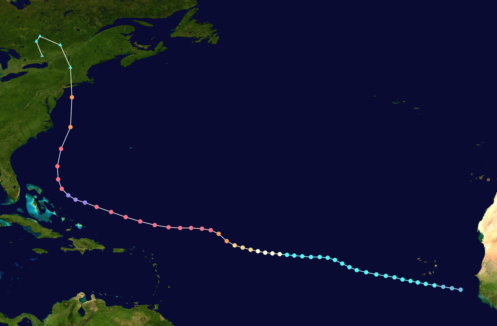 Best track of the 1938 New England hurricane, a Cape Verde storm that raced north at up to 47 mph