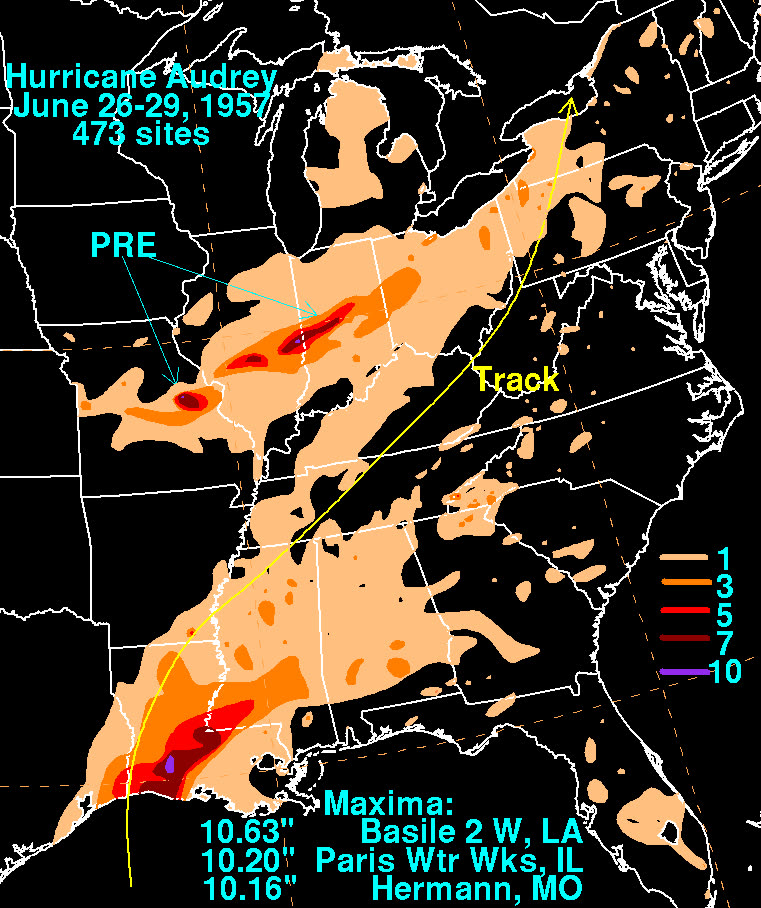 Rainfall footprint from the Gulf coast to the Great Lakes as Audrey merged with a frontal system