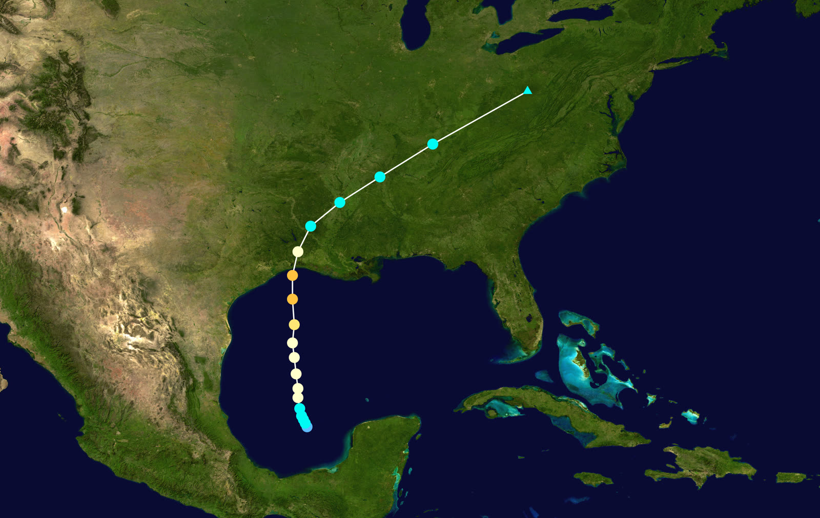 Best track of Hurricane Audrey, June 24-29, 1957, a due-north Gulf track with no time to weaken