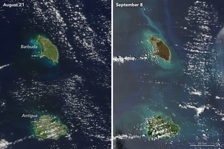 Barbuda before and after Irma, roughly 95 percent of the island's structures were damaged or destroyed