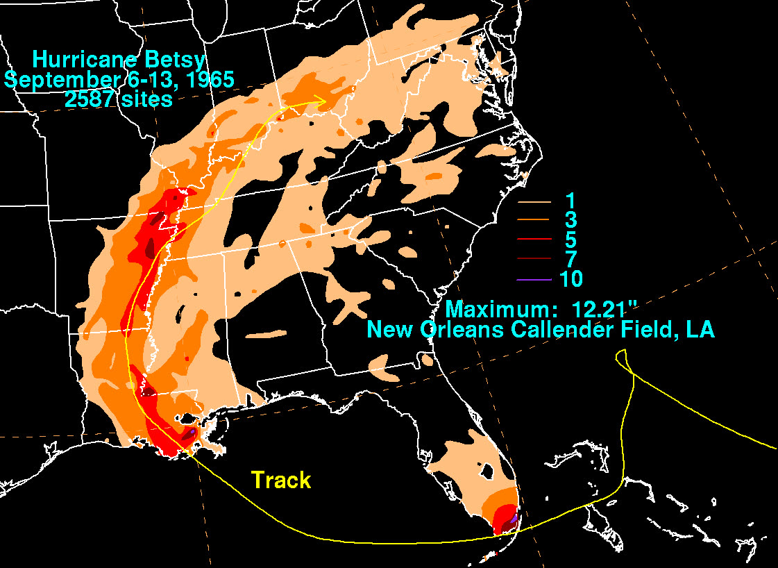 Betsy rainfall totals across the US - peak 11.80 inches at Plantation Key, FL
