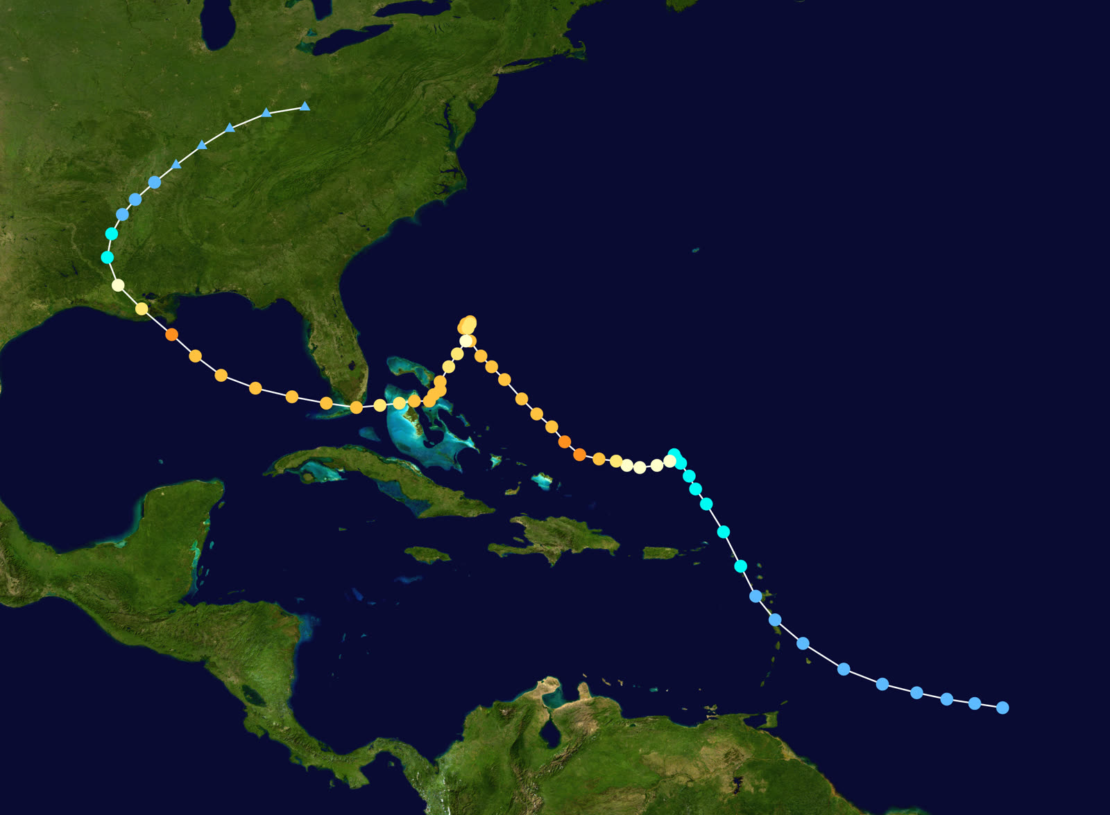 Best track of Hurricane Betsy, August 27 - September 12, 1965 - the anticyclonic loop north of the Bahamas turned a recurving storm into a Florida and Gulf catastrophe