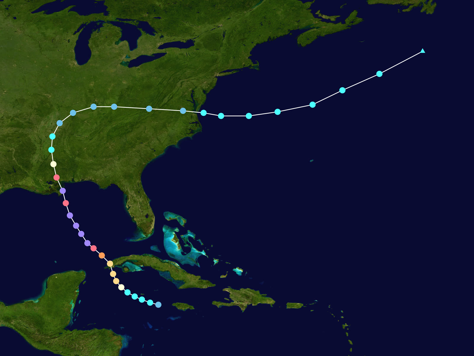 Best track of Hurricane Camille, August 14-22, 1969, Category 5 at the Mississippi coast, then record floods in Virginia