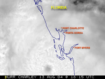 Tampa radar loop of Charley's small, well-defined eye crossing the coast at Cayo Costa
