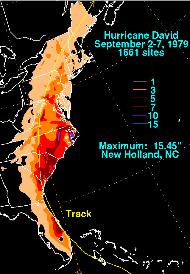 David's U.S. rainfall footprint, 6.86 inches at Savannah, 6.76 at Charleston, flooding rains up the East Coast