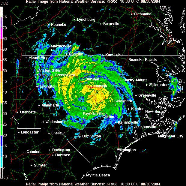Radar image of Gaston after landfall, training rain bands that would later stall over central Virginia
