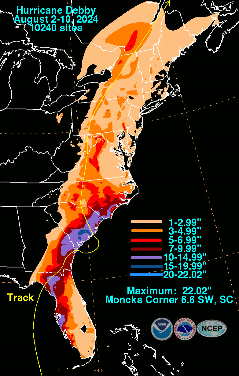 Storm-total rainfall along Debby's track, nearly 20 inches in Horry County, SC