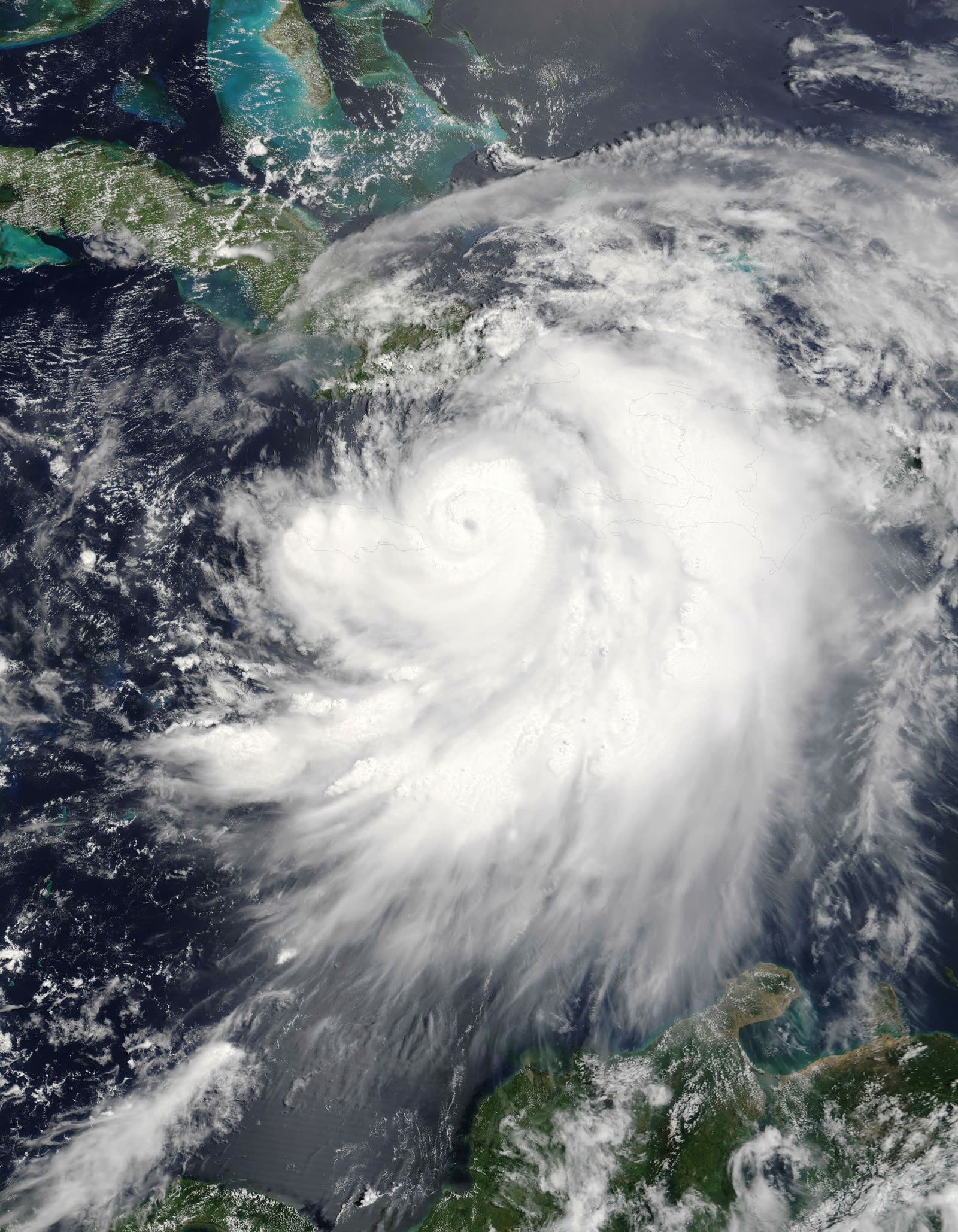 Dennis intensifying between Jamaica and Haiti on July 7, before its first Cuban landfall at Category 4