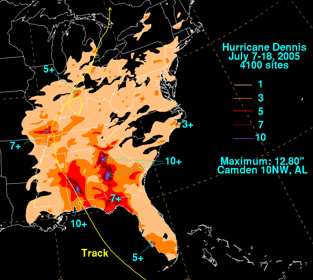 US rainfall from Dennis, the storm's fast inland motion limited the freshwater flood footprint