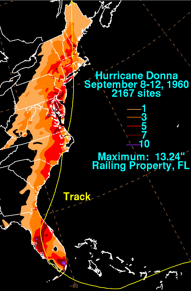 Donna's rainfall footprint along the entire U.S. East Coast