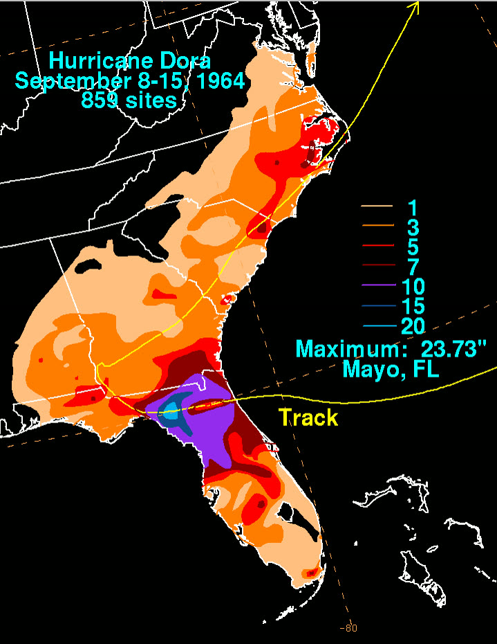 Dora rainfall totals - 23.73 inches at Mayo, FL, as the storm stalled inland over North Florida
