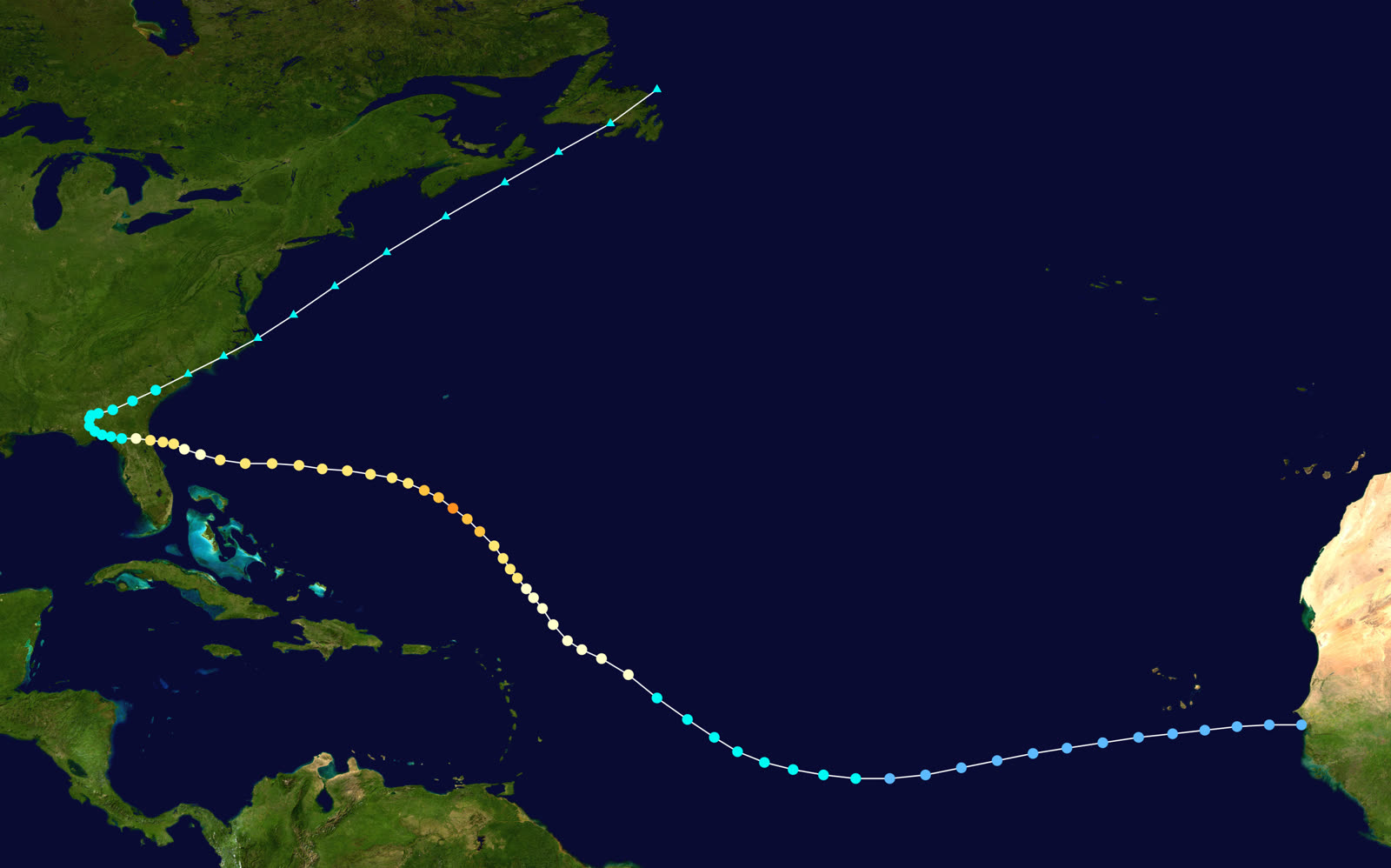 Best track of Hurricane Dora, August 28 - September 16, 1964 - a Cape Verde storm that ran due west into St. Augustine