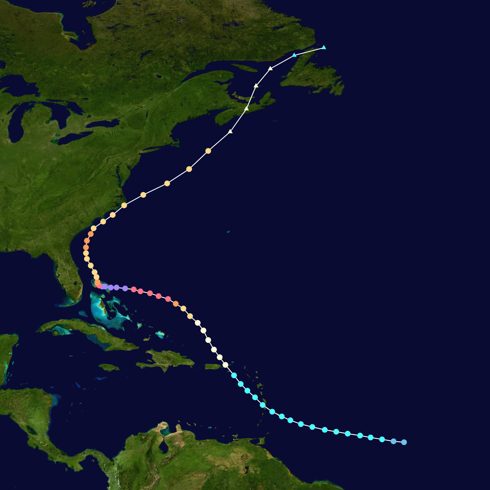 Best track of Hurricane Dorian, August 24 - September 10, 2019, a coast-parallel track that never touched Florida, Georgia, or South Carolina