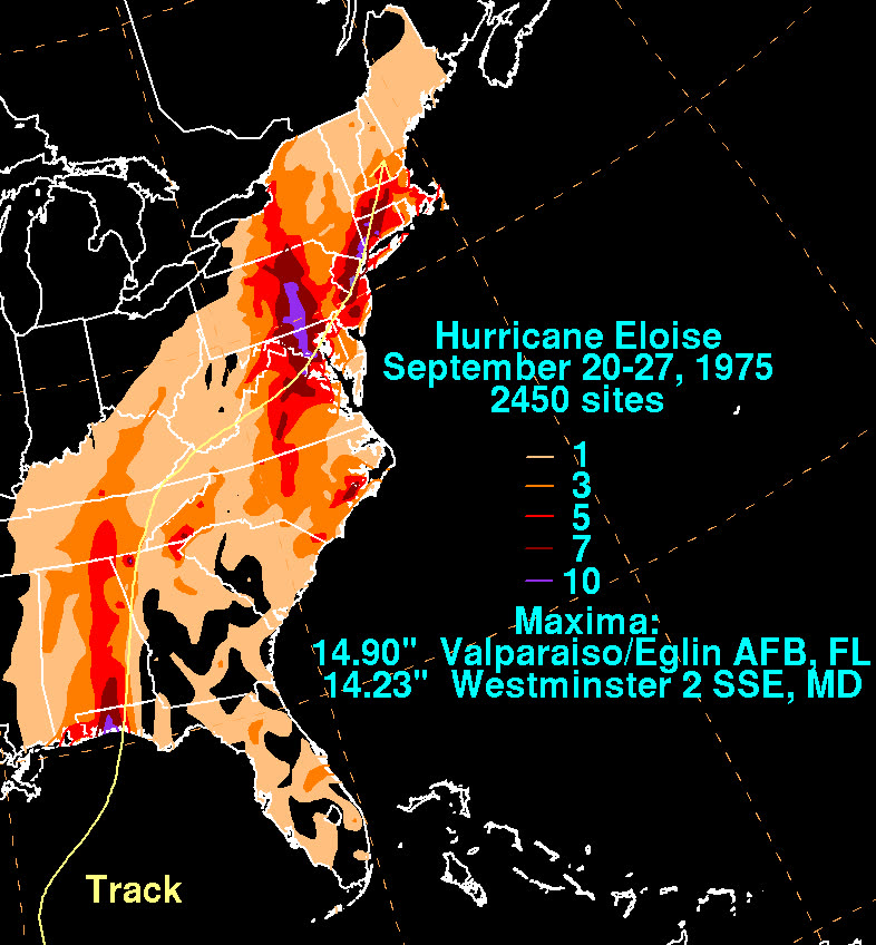 US rainfall from Eloise and its remnants - 7-10 inches fell over the Mid-Atlantic, with 14.23 inches at Westminster, MD