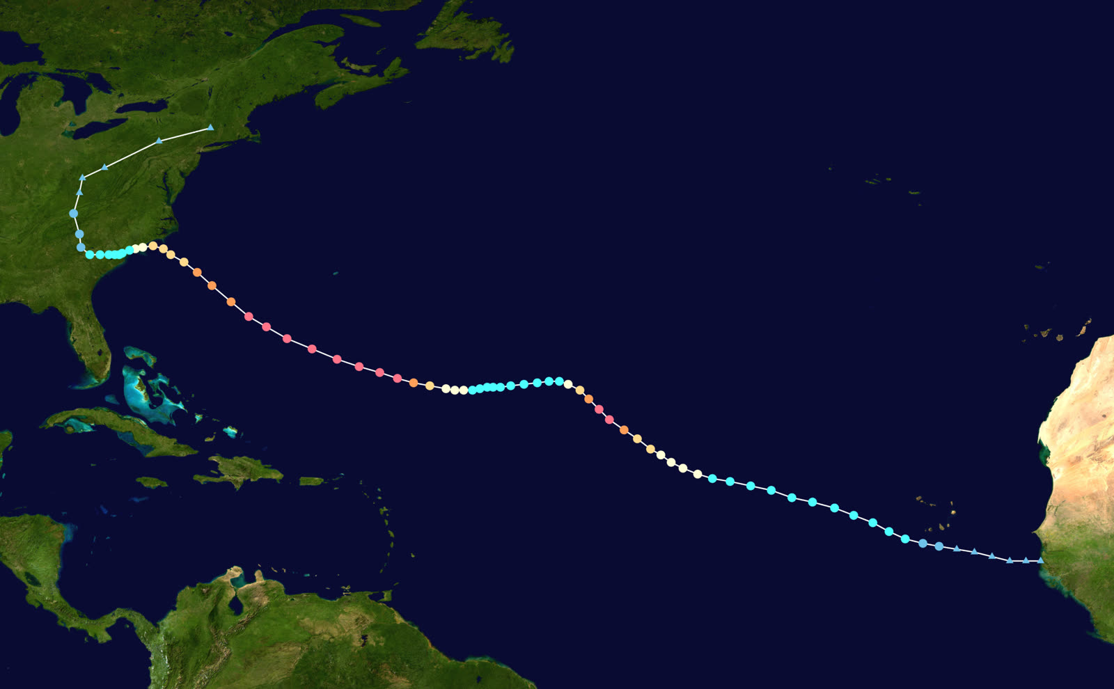 Best track of Hurricane Florence, August 31 - September 17, 2018; note the crawl at the NC/SC border