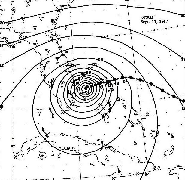 U.S. Weather Bureau analysis of the hurricane at Florida landfall, September 17, 1947