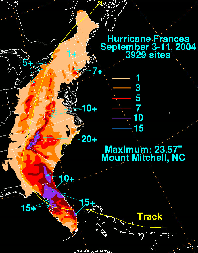 US rainfall from Frances, up to 23.57 in fell at Mount Mitchell, NC, driving inland flooding