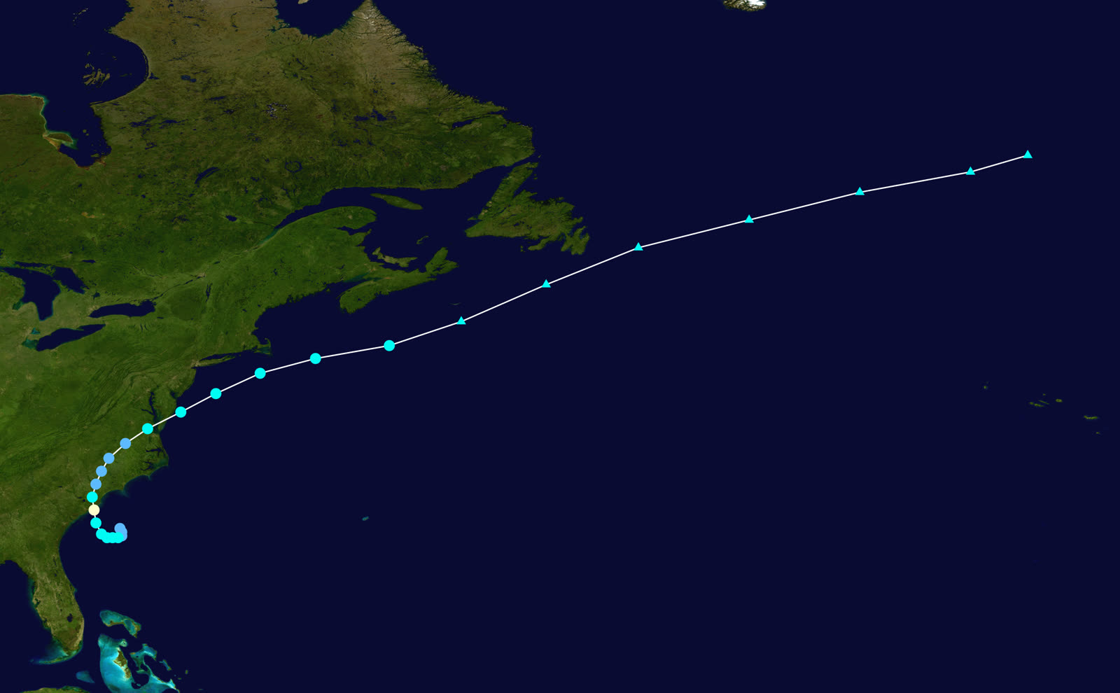 Best track and intensity of Hurricane Gaston, August 27-September 1, 2004, born off the SC coast, dead over the Atlantic after drowning Richmond