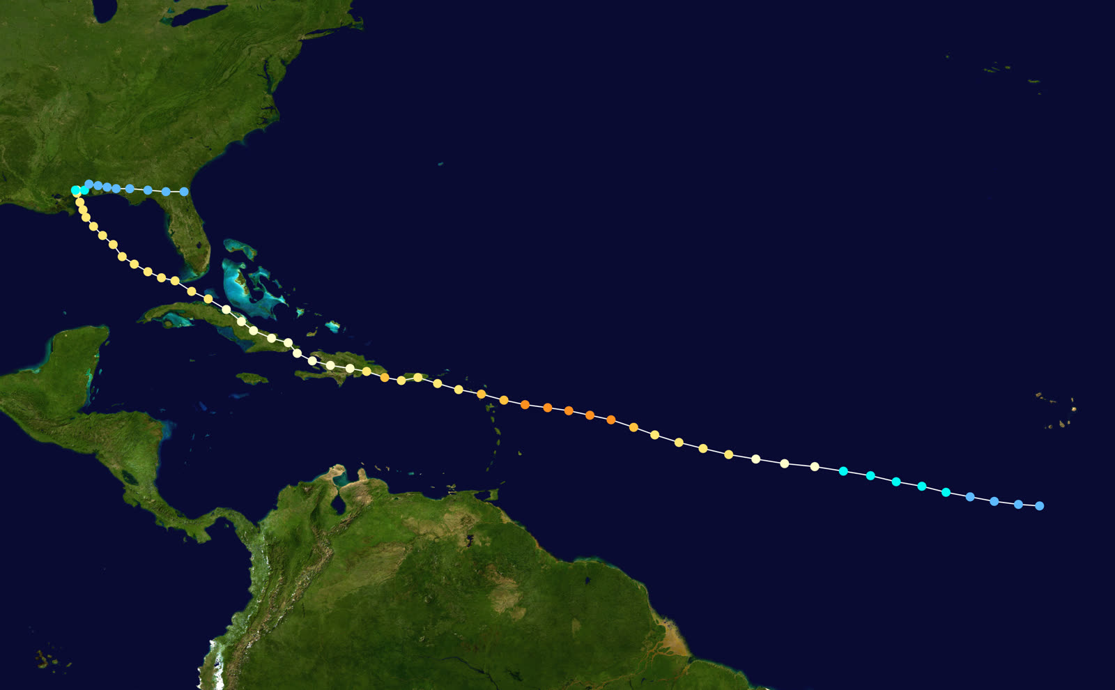 Best track of Hurricane Georges, September 15 - October 1, 1998 - seven landfalls from the Leewards to Biloxi