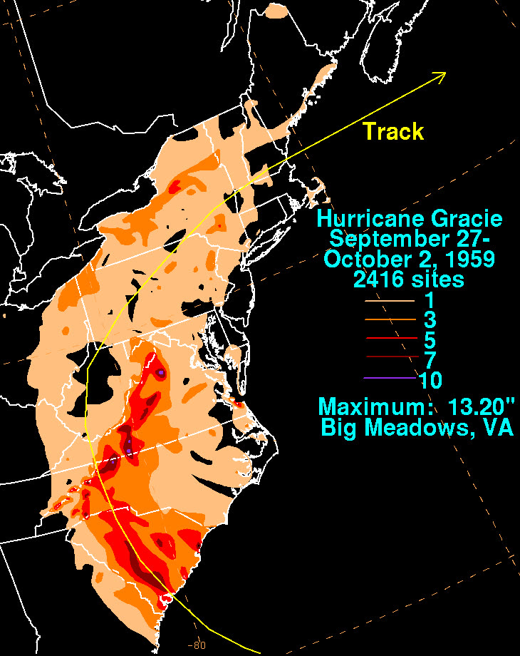 Gracie's rainfall footprint, 13.20 inches at Big Meadows, VA, where the remnants spawned deadly tornadoes