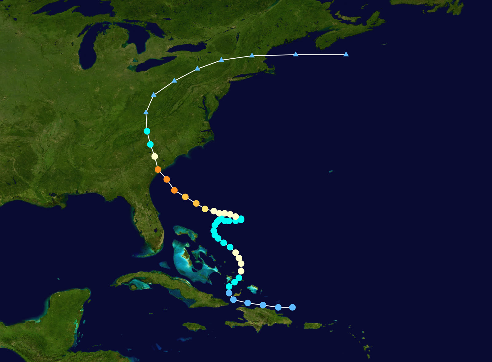 Best track and Saffir-Simpson intensity of Hurricane Gracie, September 20-30, 1959, five days of erratic motion, then a run at the SC coast