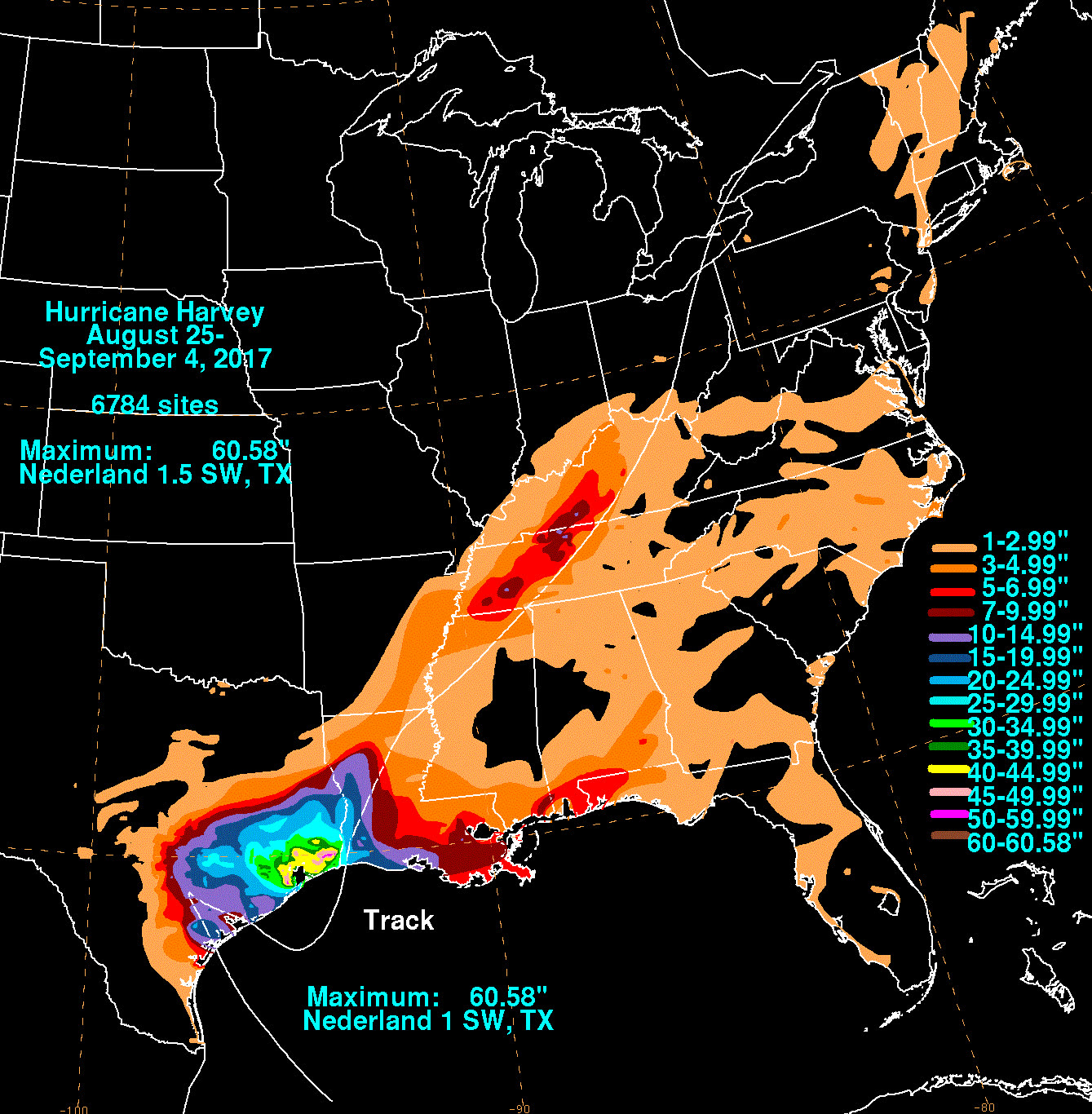 Storm-total rainfall, 60.58 inches at Nederland, TX, the heaviest tropical-cyclone rainfall in U.S. records