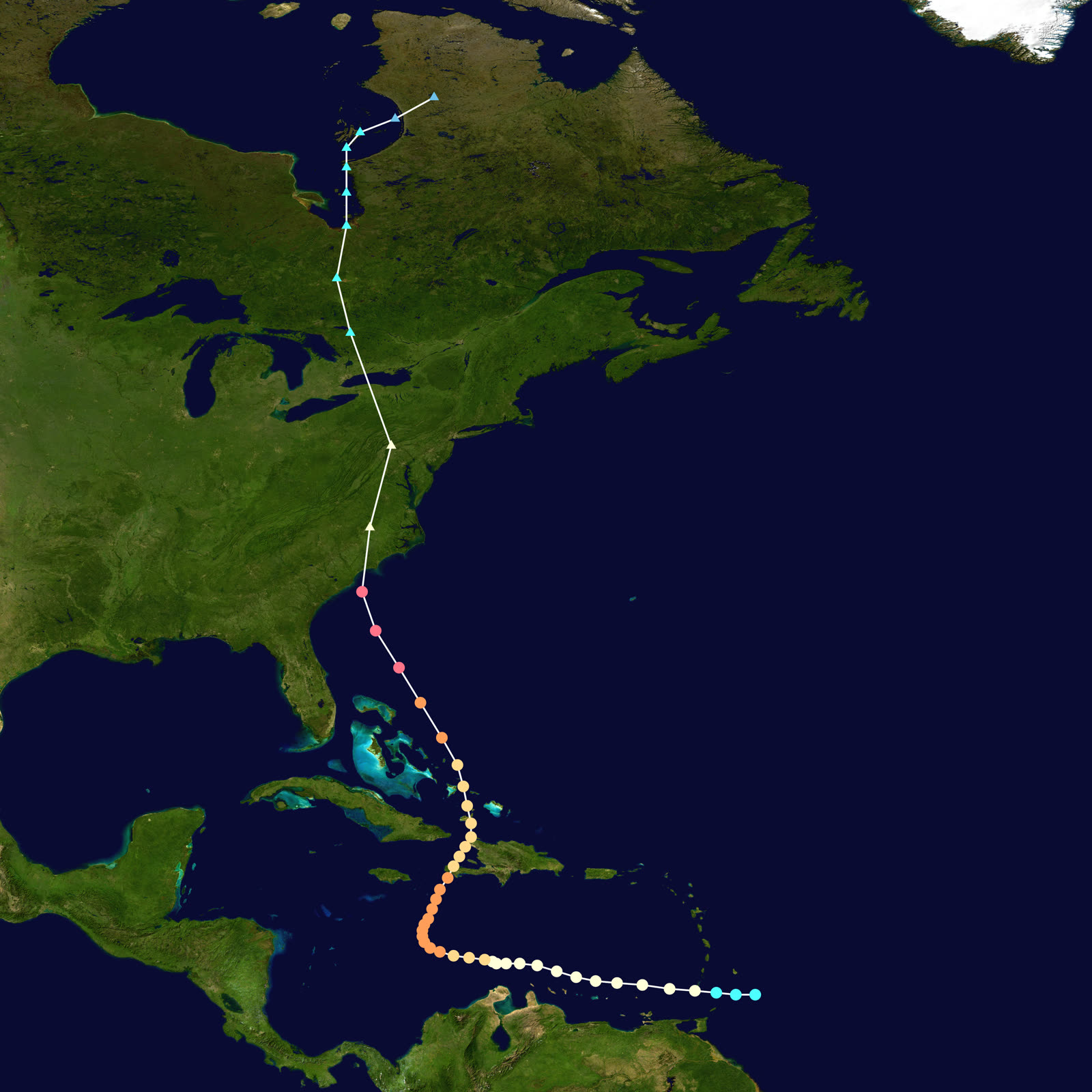 Best track and Saffir-Simpson intensity of Hurricane Hazel, October 5-18, 1954