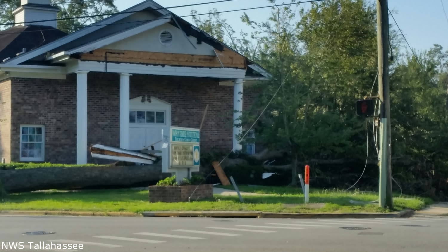 Wind damage to Watson Temple church in Tallahassee, where Hermine knocked out power to most of the city