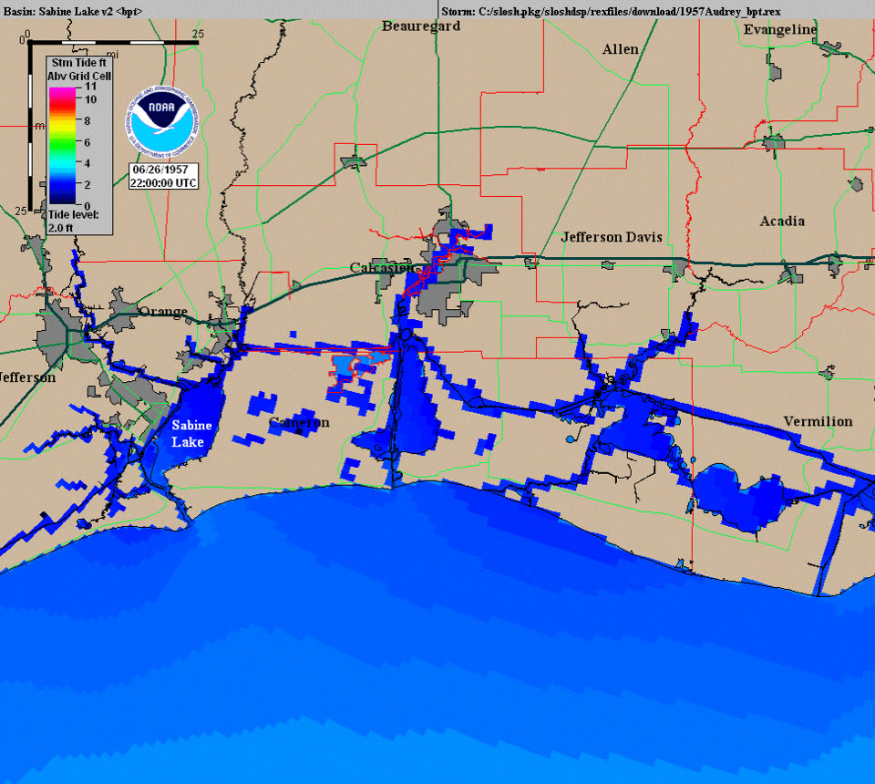 NHC historical reconstruction of Audrey's track and storm surge, 8-12 feet across Cameron Parish